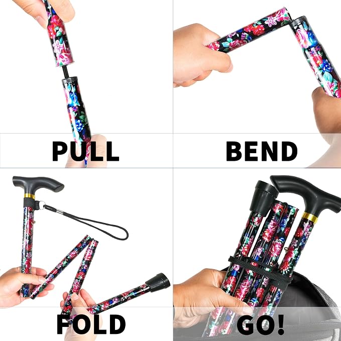 Folding Canes for Men and Women, Floral | 5-Level Adjustable Height, Lightweight Collapsible, Aluminum, Wrist Strap, T Handle, Walking Sticks for Seniors Adults