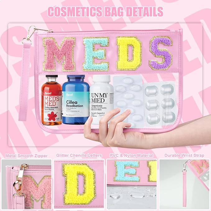BuyCard Chenille Letter Clear Medicine Bags, Makeup Meds Bags, Preppy Patch Cosmetic Bag with Zipper&Wristlet, Waterproof PU&PVC Toiletry Medicine Storage Case, Portable Travel Drugs Pills Pouch Pink