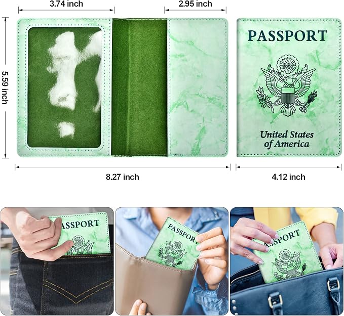 Eoehro Passport and Vaccine Card Holder Combo, Faux Leather, Compact, Lightweight, Waterproof, E-Marble Green
