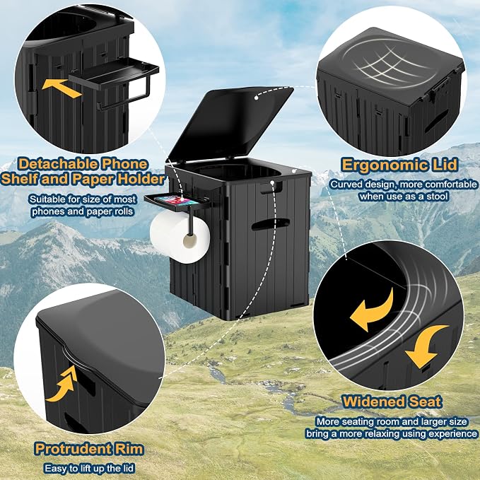 XL Portable Toilet for Adults, Extra Large 15.4"H Foldable Camping with Detachable Phone Shelf and Paper Holder, Waterproof Porta Potty Lid Camping, Hiking, Long Road Trips, Car