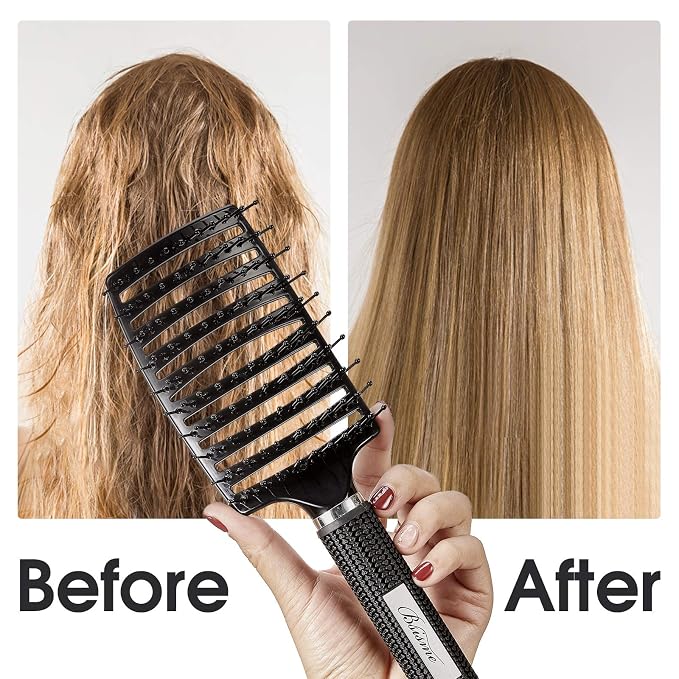 Hair Brush, Curved Vented Detangler Brush Faster Blow Drying for Women, Men | Professional Paddle Detangling Hairbrush for Wet Dry Curly Thick Fine Wavy Straight Hair, Reduce Breakage & Split Ends