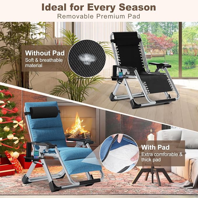 Comfy Folding Recliner Chair -Bedroom Living Room Chairs | Patio Lounge Chair with Removable Cushion for Indoor Outdoor