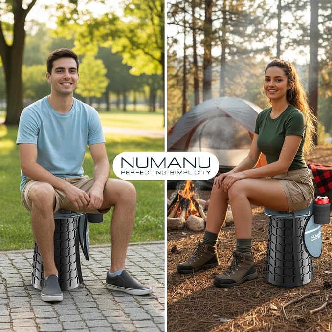 XXL Round Collapsible Stool, 3-in-1 Cushion + Bag, 1000 lb Max Cap. | Heavy-Duty Big & Tall Stool, Telescoping 2.7-19.7in, 3-in-1 Cushion Bag + Drink Holder; Travel, Sports, Camping