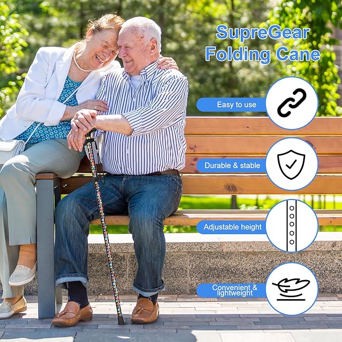 supregear Folding Cane, 5-Level Adjustable Height Walking Stick Lightweight Collapsible Portable Travel Cane with Wrist Strap and T Handle for Elderly Disabled Men Women