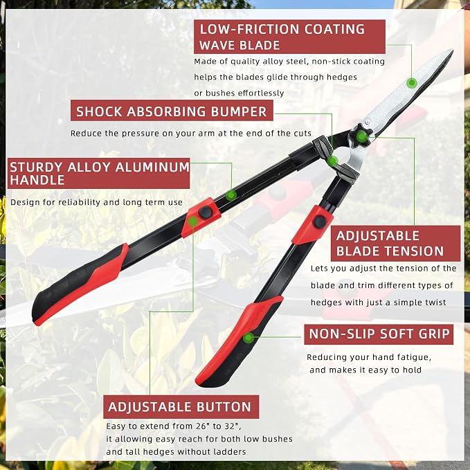 YRTSH Hedge shears, Extendable 26"-32" Hedge Clippers with Sharp Wavy Blade, Manual Hedge Trimmer for Trimming Borders and Shaping Shrubs, Garden Shears Pruner for Lawn and Yard Tools