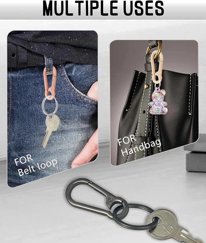 Metal Key Chain Carabiner Clip with Key Ring and D Ring | Heavy duty build, full accessory packs, quick release, multi purpose hook, belt loop holder, separate home and car fob sets