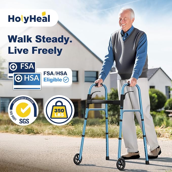 Walkers for Seniors, Folding Walker with Wheels and 2 Skis, Lightweight Rolling Walker Supports Up to 350 Pounds, Adjustable Height, Adult Compact Standard Walkers with Aluminum Frame, Blue