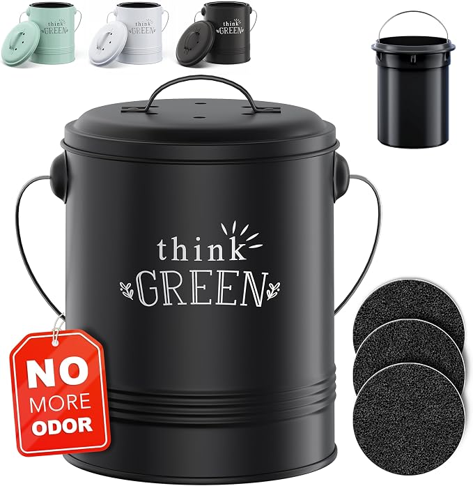 Barnyard Designs 1.2 Gallon Kitchen Counter Compost Bin with Lid (Black) | Countertop Composter with Smell-Absorbing Filters and Removable Inner Bucket; Food Waste Pail for Easy Cleaning