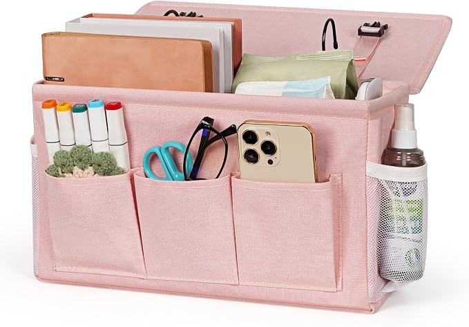 Bedside Caddy Storage Organizer for Bed Rails, Bed Caddy with 6 Pockets | Bedside Organizer with Fixed Straps and Hooks, Mattress Supported Versatile for Home, Dorm, Bunk, Hospital and Crib Bed