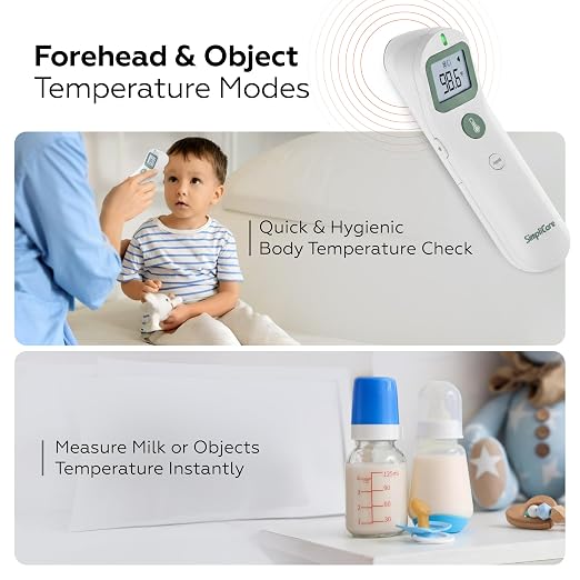 Baby & Adult Forehead Thermometer, Non-Contact, FDA Cleared | 1-Second Infrared Reading, +/-0.4F Accuracy, Dual-Mode Forehead & Object, LED Fever Alert, 35-Memory, AAA Batteries Included