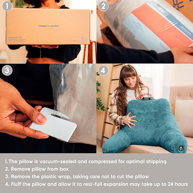 Nestl Fur Reading Pillow, Stylish Back Pillow for Bed Sitting Up, Faux Fur Bed Chair Pillow with Arms, Reading Pillows for Sitting in Bed Adult & Kids, Back Support Pillow for Bed Rest - Stone Blue