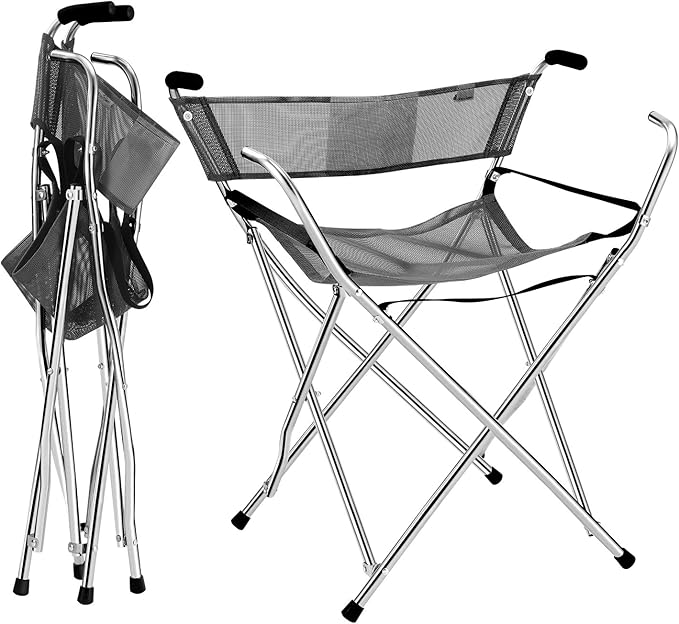 Freshore® Canes and Walking Sticks Seat Collapsible 300lbs - Sport Folding Chair Seat Cane 4 Stool Walker for Camping (Heavy Duty Aluminum Alloy 1kg -2.2lb Weight XL Size Grey)