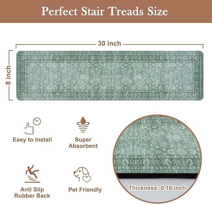 Vintage Stair Treads Non Slip Stair Runners for Wooden Steps 15PCS 8"x30" | Indoor Carpet Stair Treads for Wood Stairs Rubber Staircase Step Treads for Kids & Dogs, Stair Covers, Green