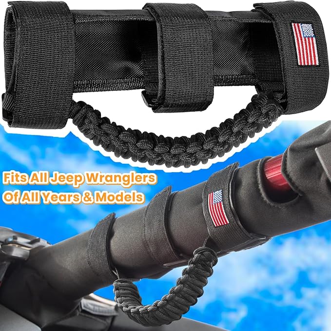 Roll Bar Grab Handles Grip Handle for Jeep Wrangler JK JKU JL JLU TJ YJ Sport Sahara Freedom Rubicon Unlimited Gladiator JT 1955-2023 UTV ATV Accessories Premium Paracord US Flag (Black 2 Pack)