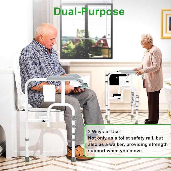 Foldable Toilet Safety Rails for Seniors, Toilet Safety Frame Height Adjustable, Heavy Duty Bathroom Rail with Armrests, Bathroom Safety for Elderly and Disabled(400LBS)