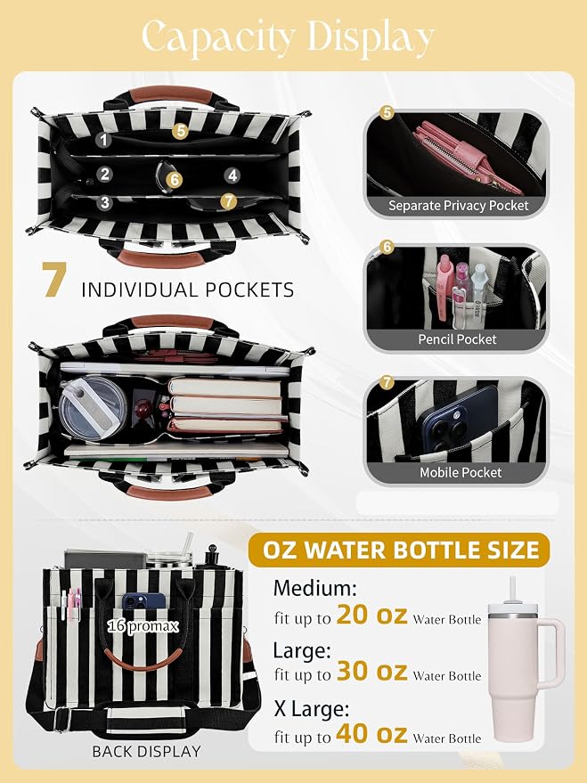 FIORETTO Canvas Tote Bag for Women with Zipper Closure & Individual Compartments for Work College for Teacher & Nurse