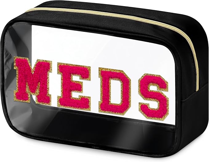 BuyCard Clear Meds Chenille Letter Nylon Makeup Bag - Portable Preppy Patch Cosmetic Toiletry Travel Storage Medicine Bag With Zipper for Women Girls Black