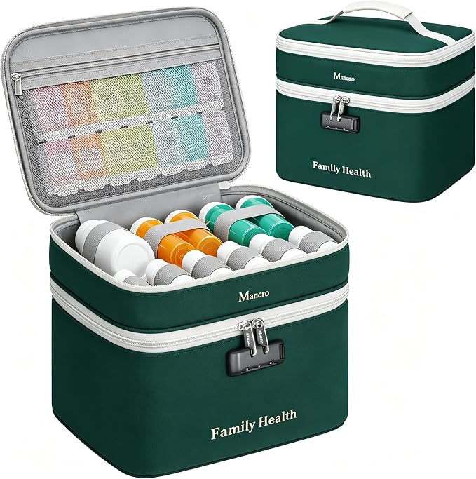 Mancro Lockable Medicine Bag, 2-Layer Pill Bottle Organizer Storage | Adjustable Dividers, Medication Travel Case for Pill, Vitamins & Supplements, Medicine Organizer for Dorm, Home Use and Trips