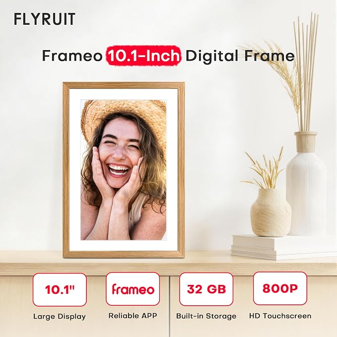Frameo 10.1" Digital Picture Frame WiFi Wood, 1280 * 800 IPS HD Touchscreen, 32GB Storage, Instant Share Photo Video, Gifts for Mom, House Warming