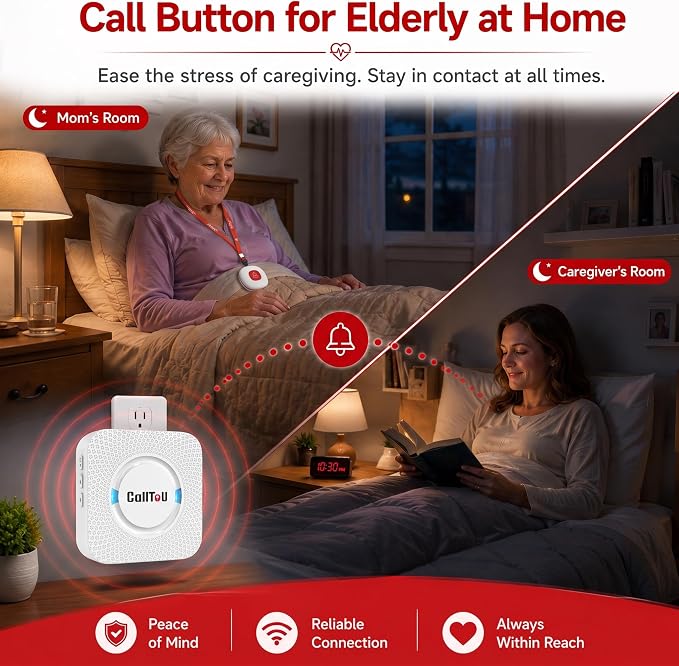 CallToU Wireless Caregiver Pager Call Button for Elderly at Home Nurse Alert System 500+ Feet for Seniors/Elderly/Patient/Disabled 1 Plugin Receiver 1 Waterproof SOS Button