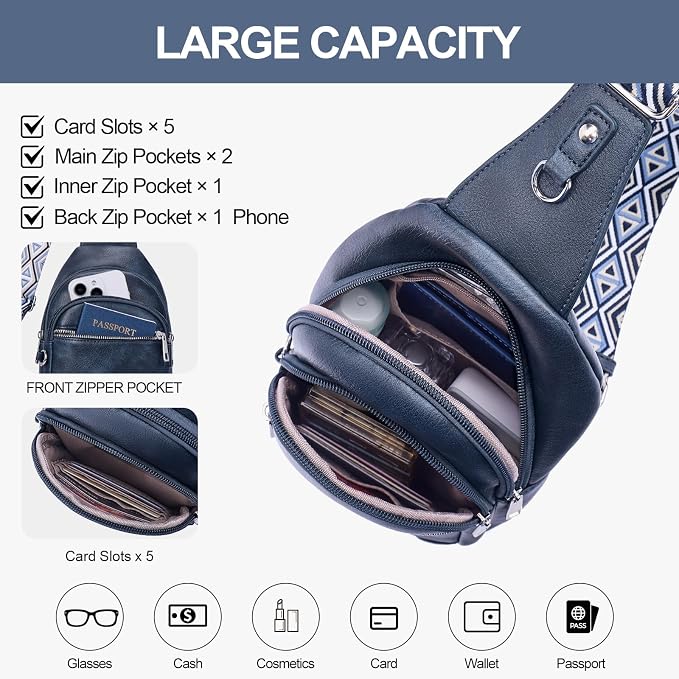 Anti Theft Crossbody Bags for Women Travel Chest Sling Bag Leather RFID Purse Fanny Pack Blue
