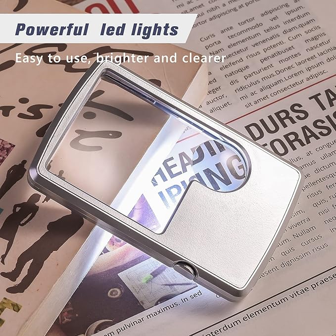 2 Pieces 3X 6X Pocket Magnifying Glass with Light, Card Type Magnifying Portable Glasses Lighted Magnifier for Reading Jewelry Menu Travel Contracts Home (Sliver)