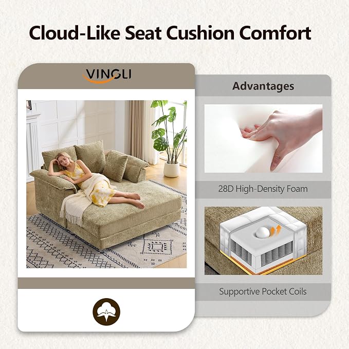 VINGLI Modern Floating Chaise Lounge Chair with LED Lights & Acrylic Legs, Upholstered Cushion Deep Seat Lounge Sofa with Iron-Wood KD Frame, Pillow Armrest Accent Chair for Living Room, Apartment