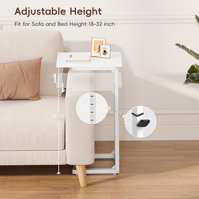 C Shaped End Table, 33"C Table End Table Adjustable Height, Small Side Table for Couch, Tv Tray Table for Small Spaces, Couch Table That Slide Under, Sofa Table for Living Room,Bedroom, White
