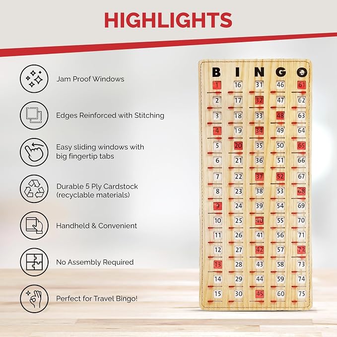 MR CHIPS Large 14.75" L x 6.75" W Jam-Proof Finger Tip Bingo Master Board Card with Large 3/4" Sliding Windows, Thick 5 Ply Cardboard, Tan Woodgrain Style, Perfect for Tracking Bingo Games