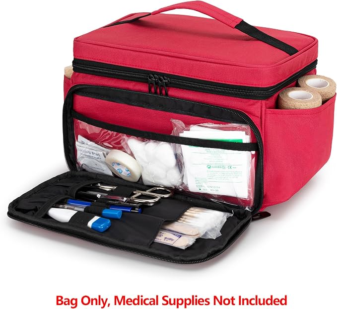 CURMIO Small Medicine Storage Bag, Empty Family First Aid Kits Case, Red | Emergency Medical Supplies for Home Care, Pill Bottle Organizer, Multifunctional Bag for Medical Use, Dormitory, Travel