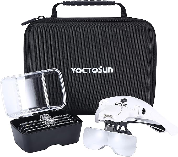 YOCTOSUN Magnifying Glasses with 4 LED Lights, Head Mount Magnifier with Storage Case,5 Lenses, Headband, Hands Free Lighted Head Magnifying Visor for Hobby Crafts & Close Work