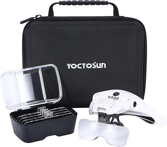 YOCTOSUN Magnifying Glasses with 4 LED Lights, Head Mount Magnifier with Storage Case,5 Lenses, Headband, Hands Free Lighted Head Magnifying Visor for Hobby Crafts & Close Work