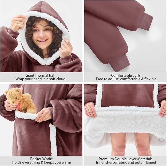 JOYWOO Purple Wearable Blanket Hoodie,Oversized Cat Lovers Sweatshirt Blanket for Adult, Birthday Gifts for Women Mom Grandma,Cozy Hooded Blanket with Giant Pocket Winter Gifts,Gray purple Standard