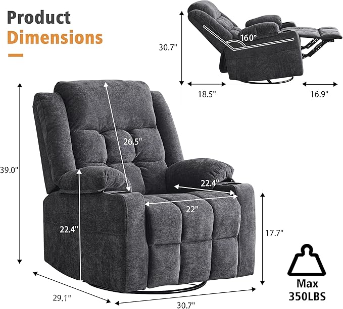 Ketaiyou Power Swivel Rocker Recliner Chair for Adults with Massage and Heat, USB and Type-C Ports, Infinite Position, Electric Glider Reclining Single Sofa Chair for Living Room (Dk Gray)