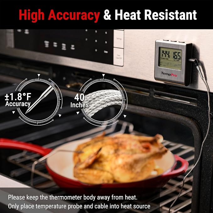TempPro TempTrack Large LCD Digital Meat Thermometer for Cooking | Kitchen Food Thermometer With Clock Timer, Stainless Steel Temperature Probe for Oven Smoker BBQ Grill(Previously ThermoPro)
