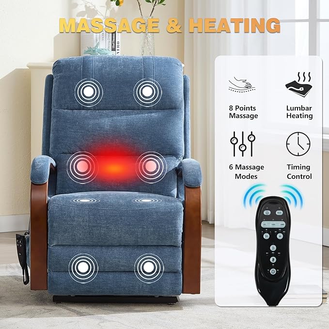 Trustyue Power Lift Recliner Chair, 180° Lay Flat Recliner, Lift Chair with Massage and Heat, Standing Assistance, Infinite Position Reclining, Living Room Chair for Elderly People (Blue1)