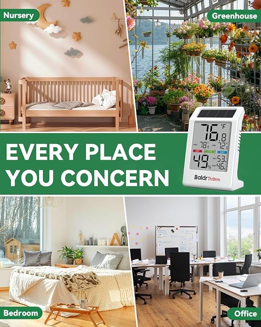 BALDR Indoor Thermometer Hygrometer, Solar Power with Battery Backup, Large Display, Daily Max/Min & Comfort Indicator Humidity Meter | Solar & Battery Dual Power |No Setup or App Required |Clear Comfort Level Indicator |Flexible Desk or Wall Placement