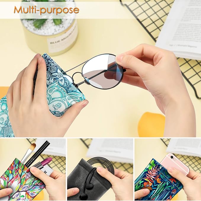 FINTIE Soft Eyeglasses Case with Cleaning Cloth, Portable Squeeze Top Vegan Leather Glasses Pouch, Sunglasses Eyewear Bag