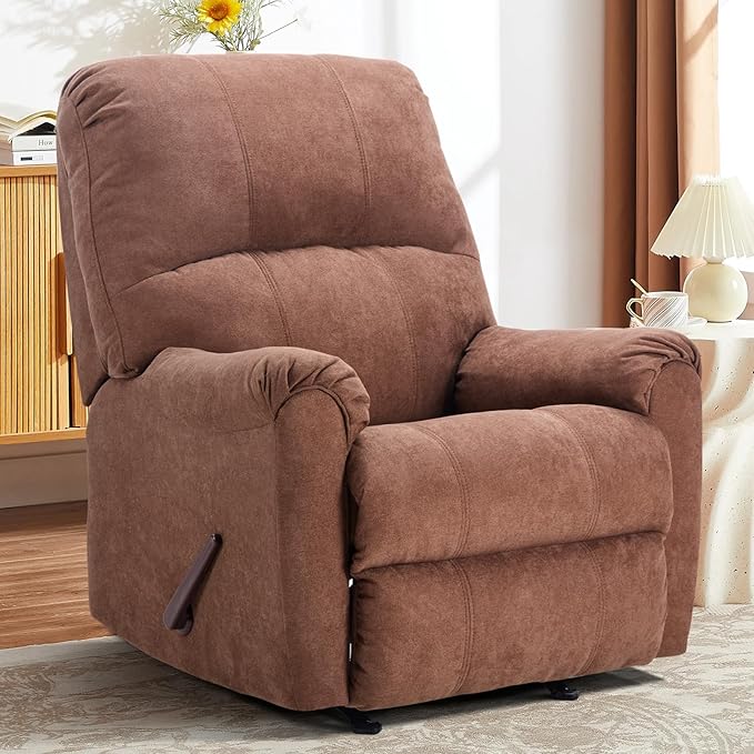 Rocker Recliner Chair for Adults,Manual Recliner Chair with Overstuffed Backrest and Armrests, Soft Fabric Manual Rocking Reclining Sofa for Living Room, Brown