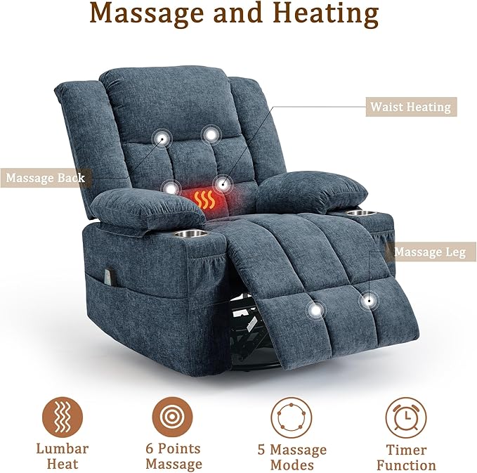 Korser 360° Swivel Rocker Recliner for Adult, Nursery Glider Recliners with Massage & Heating, Rocking Chair with Cup Holder, Manual Recliner Chair for Living Room, Bedroom (Blue)