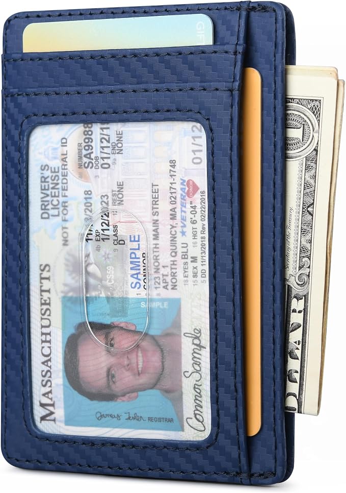 Buffway Slim Minimalist Front Pocket RFID Blocking Leather Wallets for Men and Women - Carbon Fiber Blue