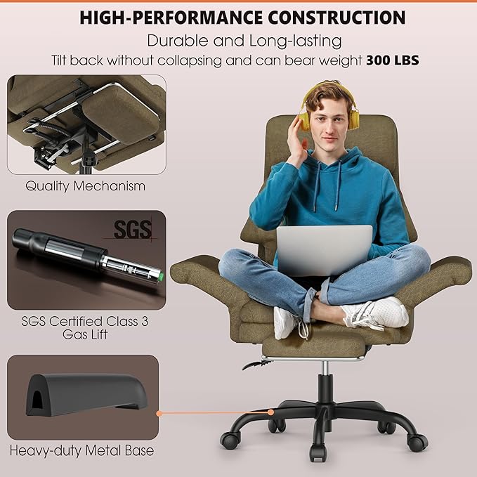 ELABEST C39 Cross Legged Office Chair with Footrest & Convertible Armrests-Pet-Friendly Criss Cross Home Desk Chair, Ergonomic Recliner with Lumbar Pillow,Big and Tall Executive Chair
