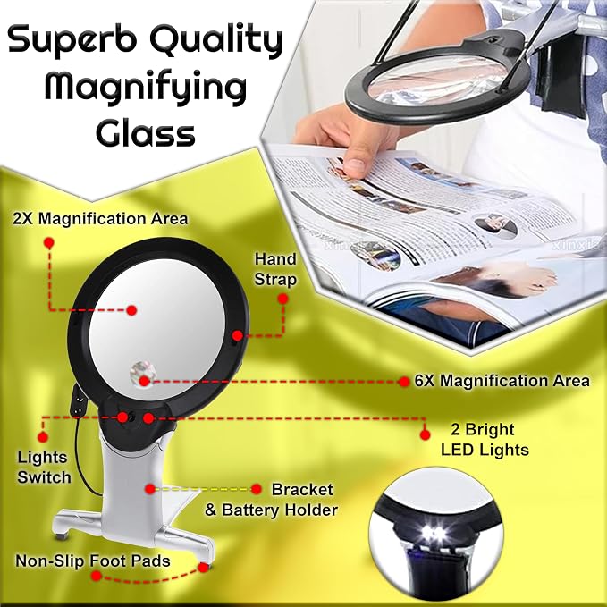 2X Hands Free Chest Rest LED Magnifier for Reading with 6X Spot Magnifying Glasses with Light for Sewing, Hobbies, Crafters, and DIY Projects – Adjustable Stand and Neck Cord for Seniors