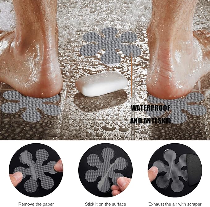 Bathtub Stickers Non-Slip, 36 PCS Grey Safety Shower Treads Adhesive Appliques with Premium Scraper