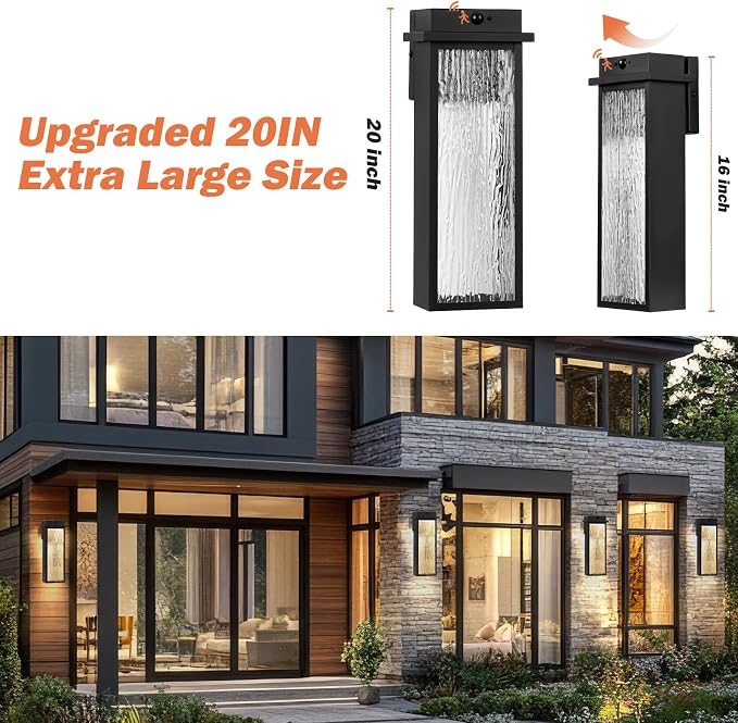 VenzBlomia 20” Large Motion Sensor Dusk to Dawn Porch Lights Outdoor 2 Pack | Modern Black Exterior Lighting Fixtures Waterproof, Brightness Outdoor Wall Sconces with Soft Warm Glow, Easy Installation
