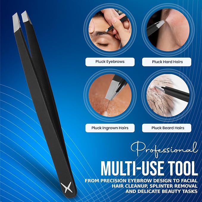 Slanted Stainless Steel Tweezers for Men & Women - Precision Eyebrow Tweezers for Facial Hairs, Strong Grip, Fine Tip, Professional Tweezer for Plucking & Grooming (Matt Black)
