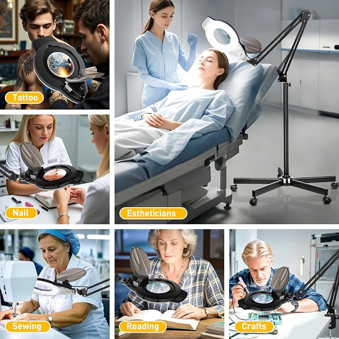 2200 Lumens Mag Lamp for Estheticians, 2-in-1 Magnifier Floor Light | 144 LED Stepless Dimmable, 10X Real Glass, 4 Wheel Rolling Stand Mag Lamp for Estheticians Facial Tattoo Craft Reading