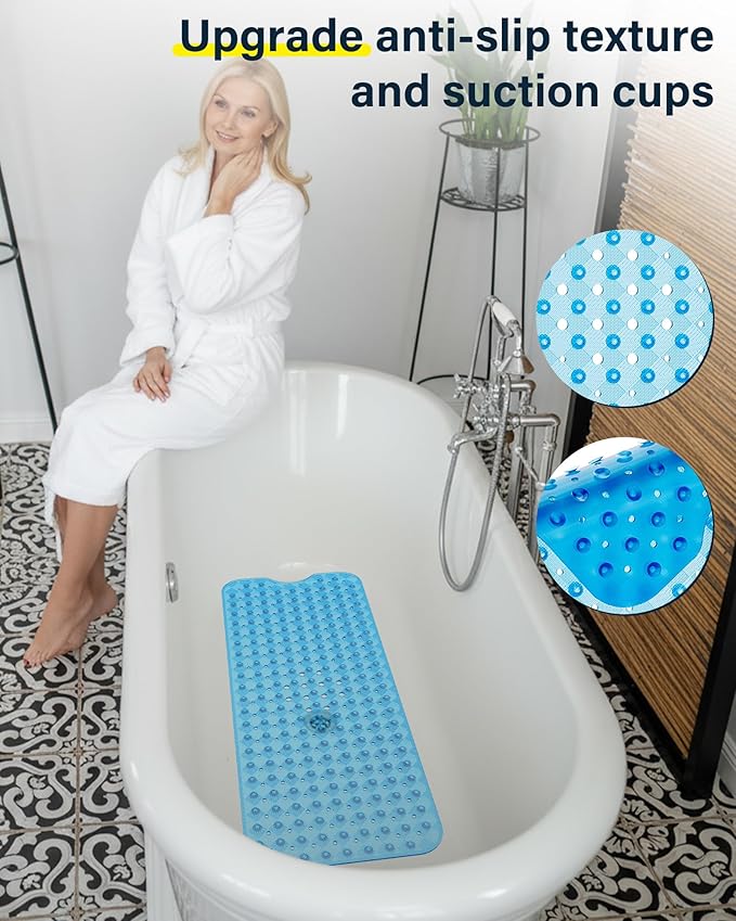Non Slip Bathtub Mat for Tub & Shower, Machine Washable 40"x16" Anti Slip Bath Mat with 2 Hooks, Soft & Comfortable and Extra Largefor Families, Clear Blue