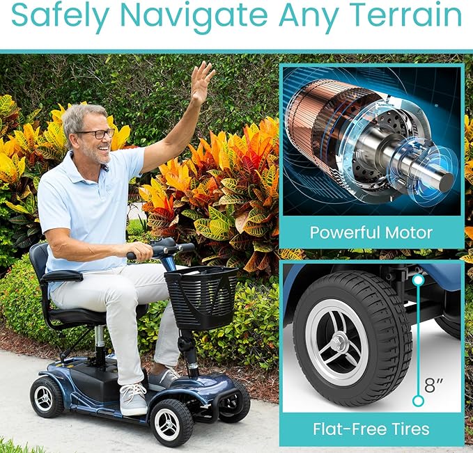 Vive 4 Wheel Mobility Scooter - Electric Powered Wheelchair Device - Compact Heavy Duty Mobile for Travel, Adults, Elderly - Long Range Power Extended Battery with Charger & Basket