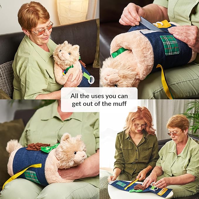 Fidget Muff Cat and Blanket for Elderly | Fidget Blanket for Dementia | Dementia Products for Elderly | Gift and Activities for Seniors with Alzheimer’s or Dementia | Sensory Fidget Toys